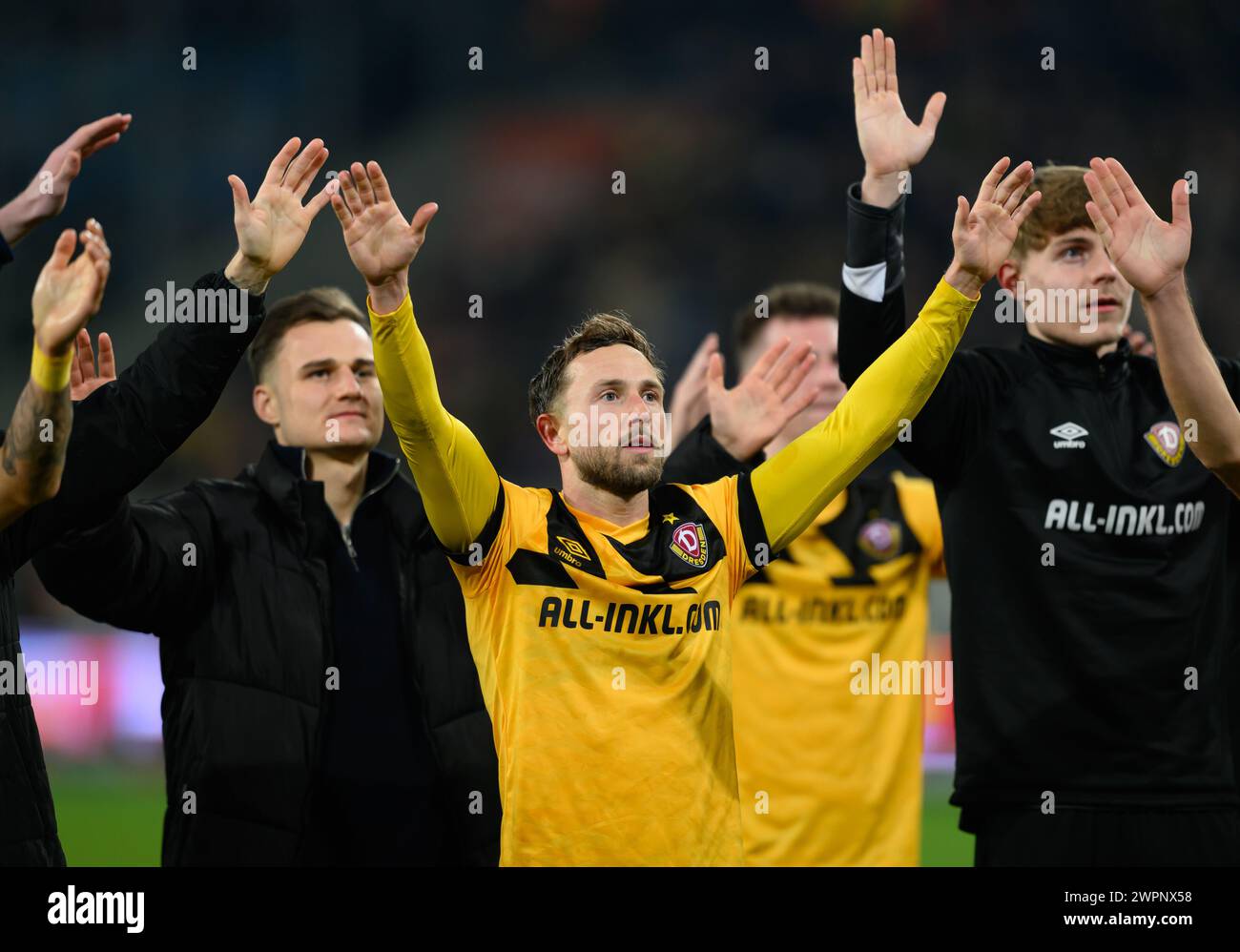 Dresden, Germany. 08th Mar, 2024. Soccer: 3rd division, SG Dynamo Dresden - TSV 1860 Munich, matchday 29, Rudolf-Harbig-Stadion. Dynamo's Lucas Cueto celebrates after the win. Credit: Robert Michael/dpa/ZB/dpa/Alamy Live News Stock Photo
