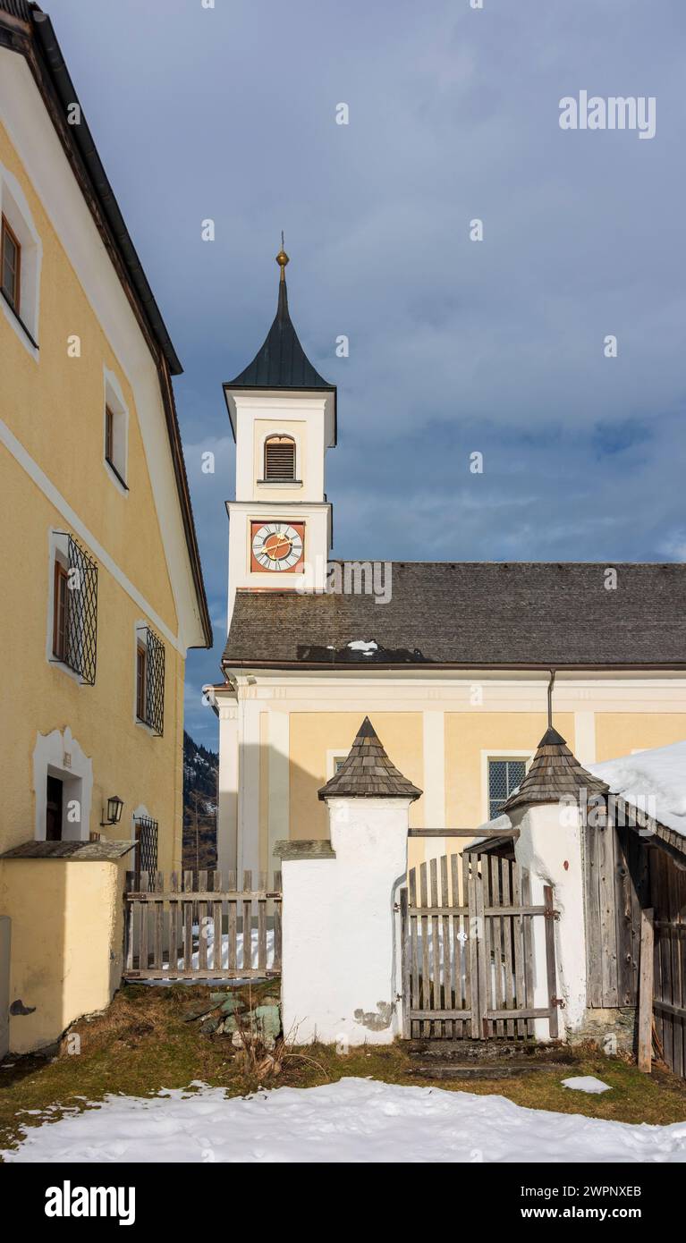 Rauris, church Bucheben, snow in Pinzgau, Salzburg, Austria Stock Photo