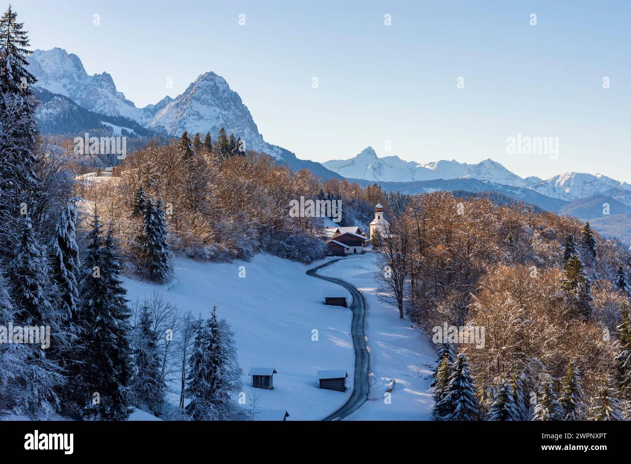 Garmisch-Partenkirchen, village and church hamlet Wamberg, barns, snow, Alps, Upper Bavaria, Zugspitz-Region, Bavaria, Germany Stock Photo