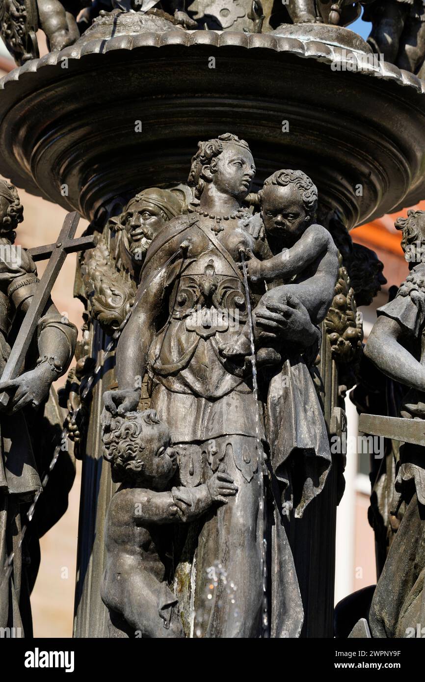 Germany, Bavaria, Middle Franconia, Nuremberg, Old Town, Lorenzer Platz, Fountain of Virtue, bronze sculptures, detail Stock Photo