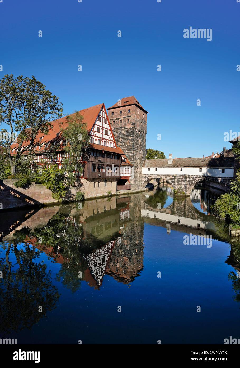 Germany, Bavaria, Middle Franconia, Nuremberg, Sebald Old Town, Pegnitz, Weinstadel, Water Tower, Henkersteg Stock Photo