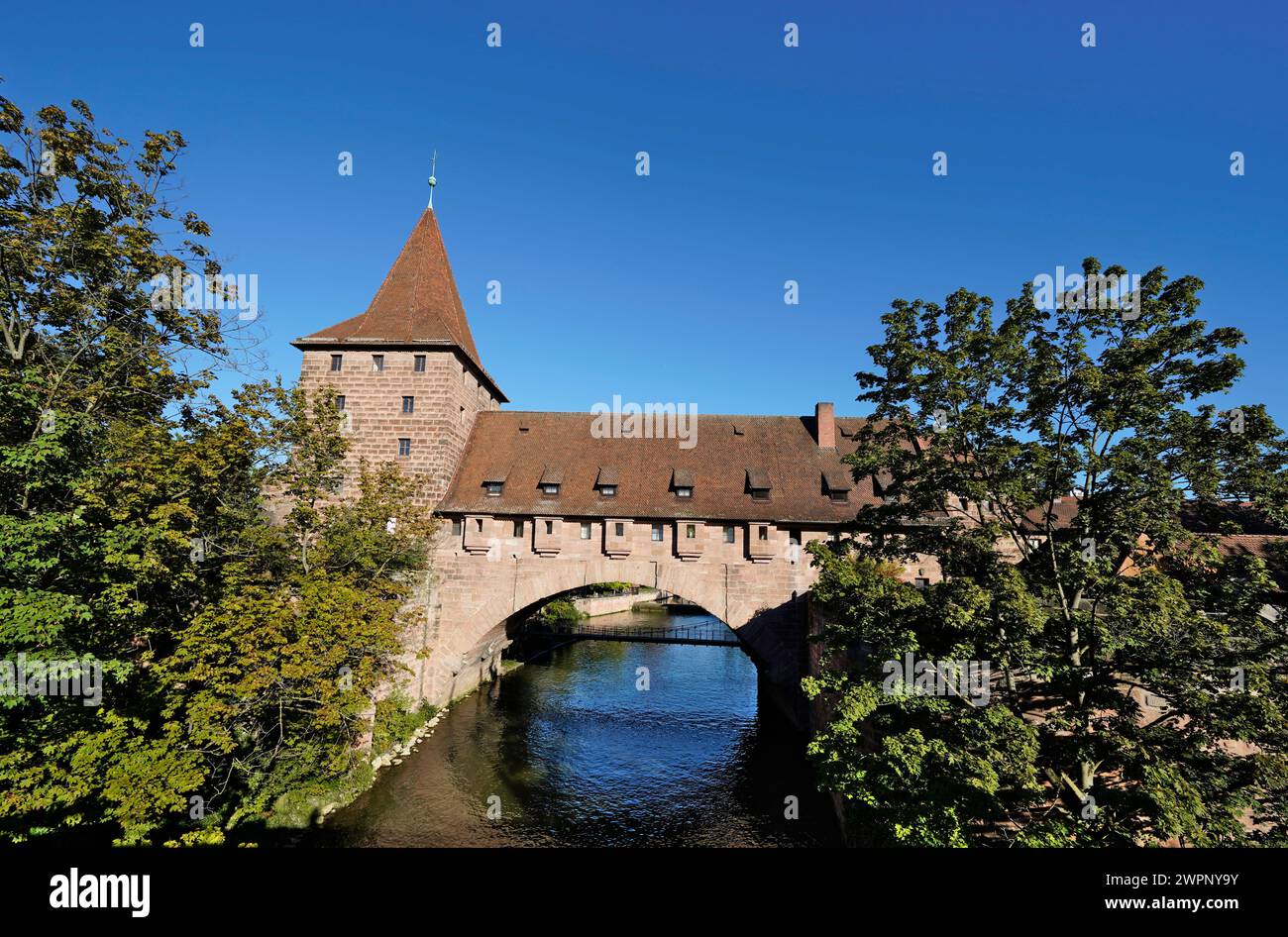 Germany, Bavaria, Middle Franconia, Nuremberg, Old Town, Pegnitz, Fronveste, Kettensteg, Schlayer Tower Stock Photo