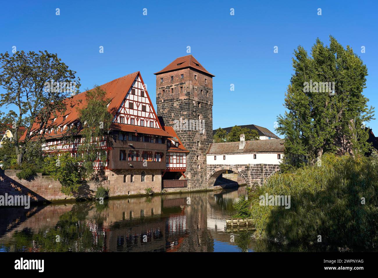 Germany, Bavaria, Middle Franconia, Nuremberg, Sebald Old Town, Pegnitz, Weinstadel, Water Tower, Henkersteg Stock Photo