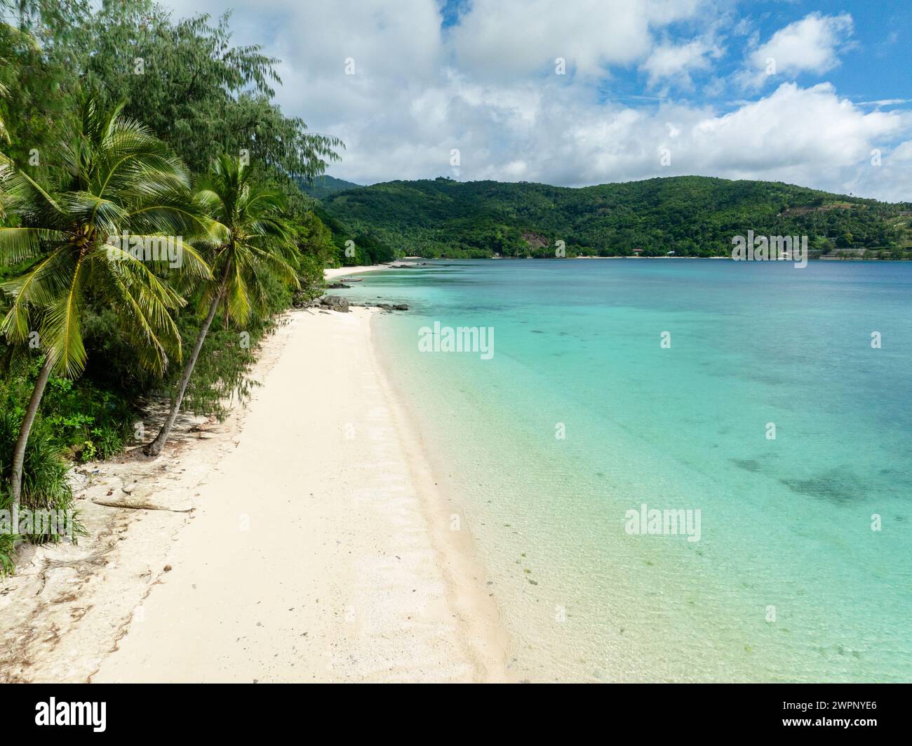 Coconut trees in white sandy beach with waves. Romblon Island. Romblon, Philippines. Stock Photo