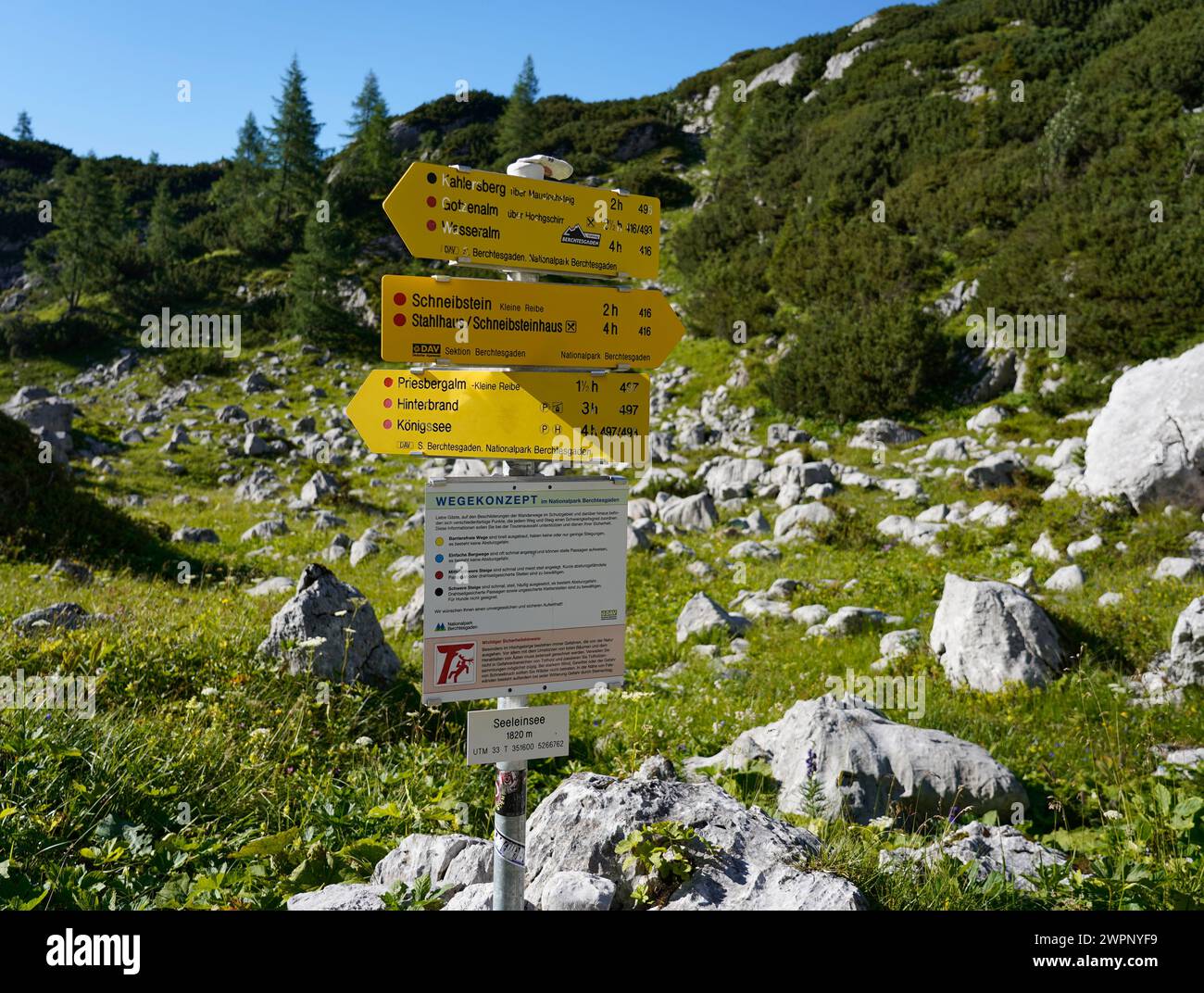 Germany, Bavaria, Upper Bavaria, Berchtesgadener Land, Schönau am Königssee, hiking trail, Kleine Reibn, signposts Stock Photo