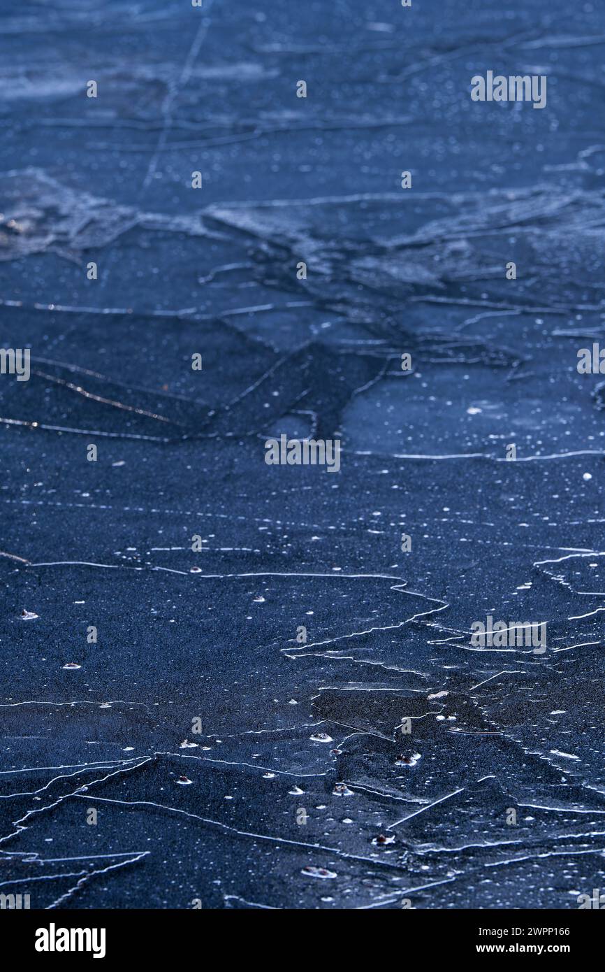 Ice formation on a lake, filigree patterns and structures in the ice, Germany Stock Photo