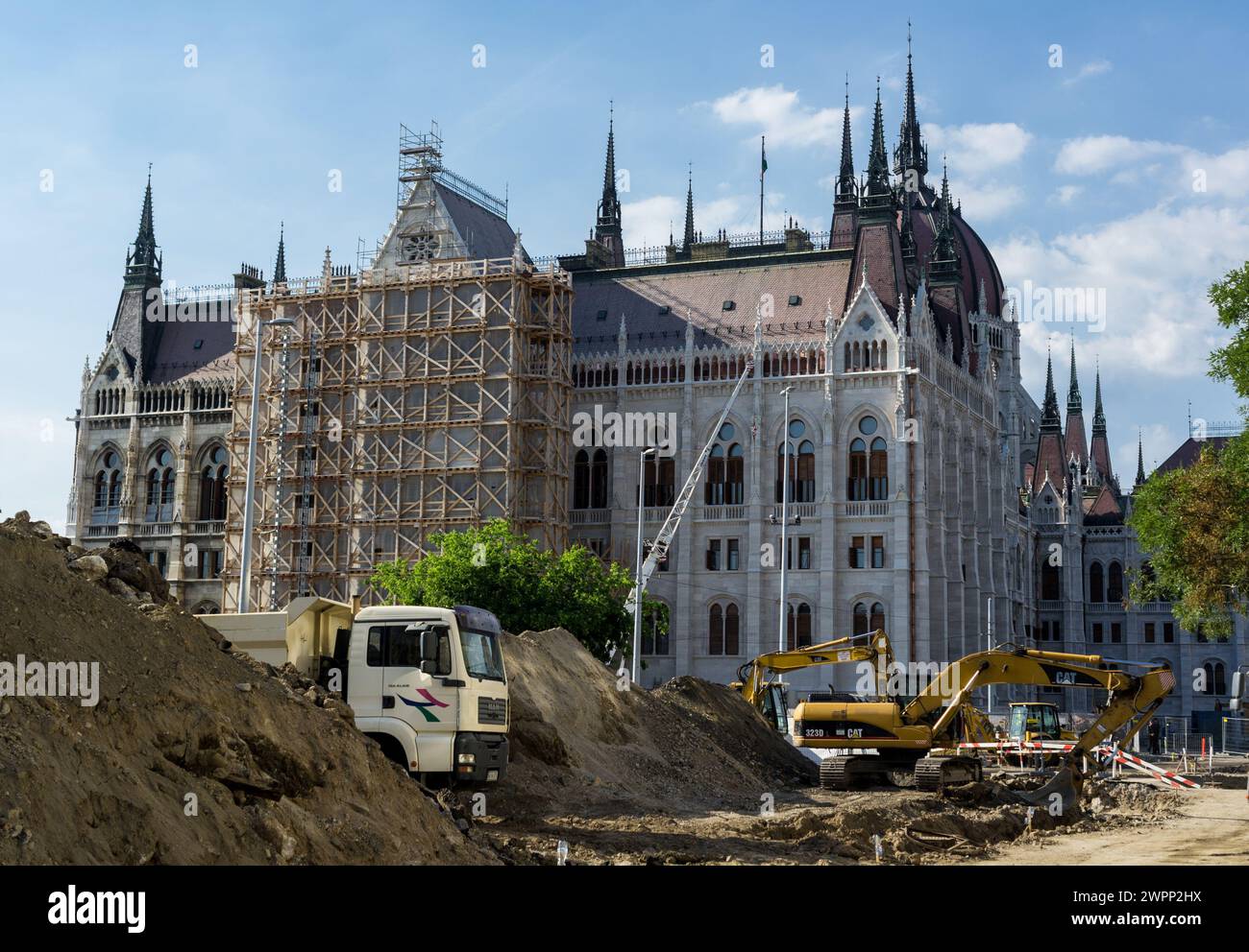 BUDAPEST, HUNGARY - JUNE 19, 2013: Reconstruction of old building of Budapest Parliament in Hungary Stock Photo