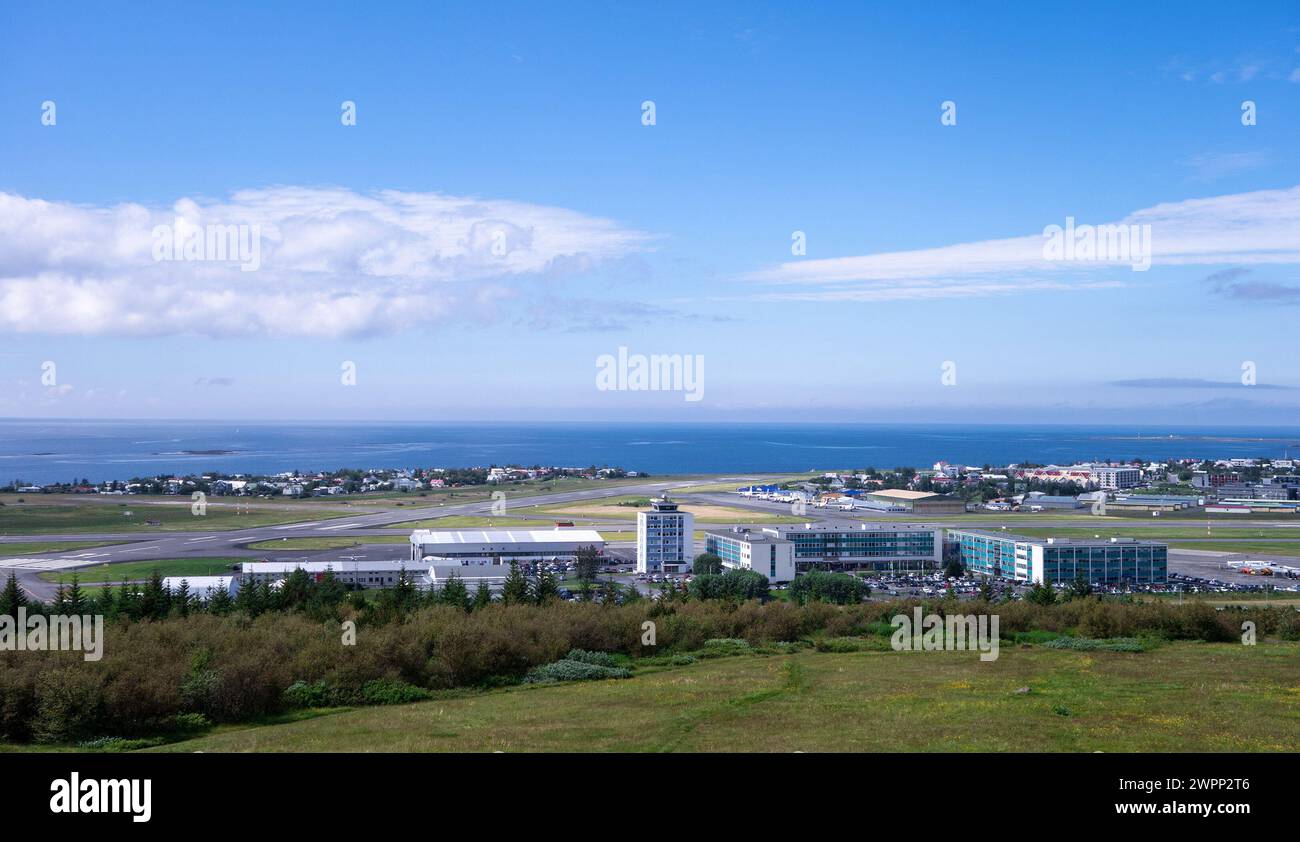 REYKJAVIK, ICELAND - JUNE 27, 2014: Panorama of domestic Reykjavik airport and hotels nearby Stock Photo