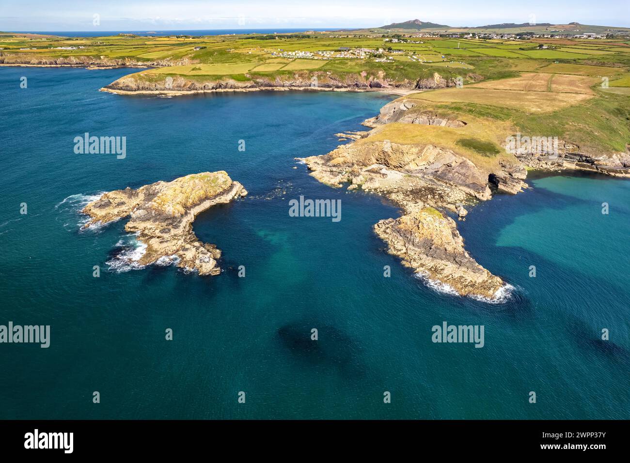 The Pembrokeshire coast at Caerfai Bay seen from the air, St. Davids, Wales, Great Britain, Europe Stock Photo