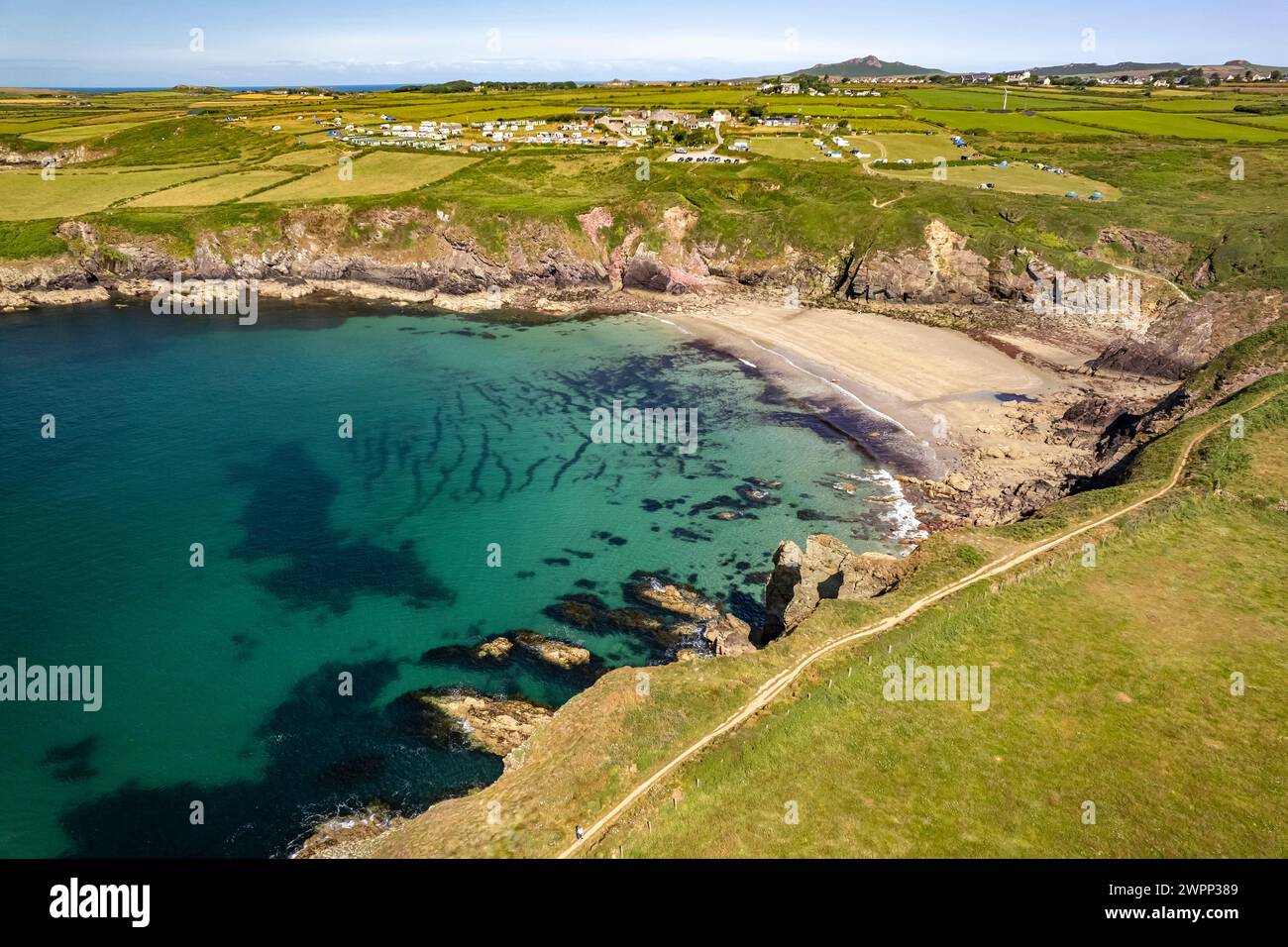 The beach at Caerfai Bay near St. Davids seen from the air, Wales, Great Britain, Europe Stock Photo