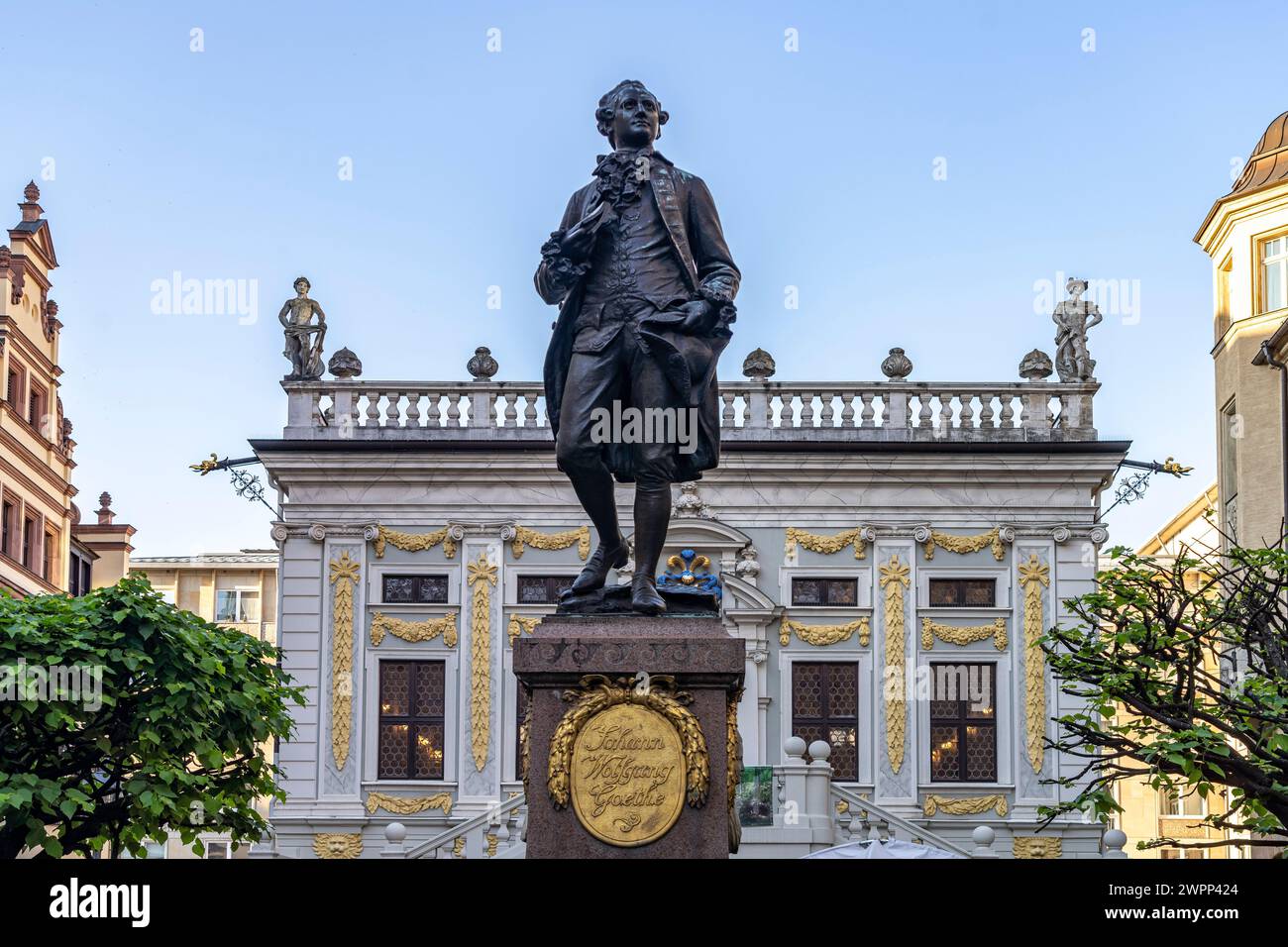 The Goethe Monument on the Naschmarkt in front of the Old Stock Exchange in Leipzig, Saxony, Germany Stock Photo