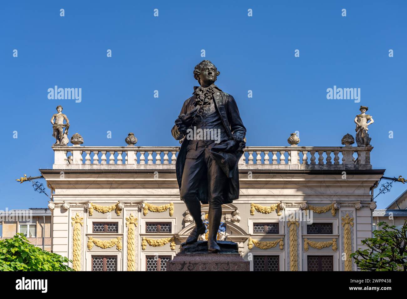 The Goethe Monument on the Naschmarkt in front of the Old Stock Exchange in Leipzig, Saxony, Germany Stock Photo