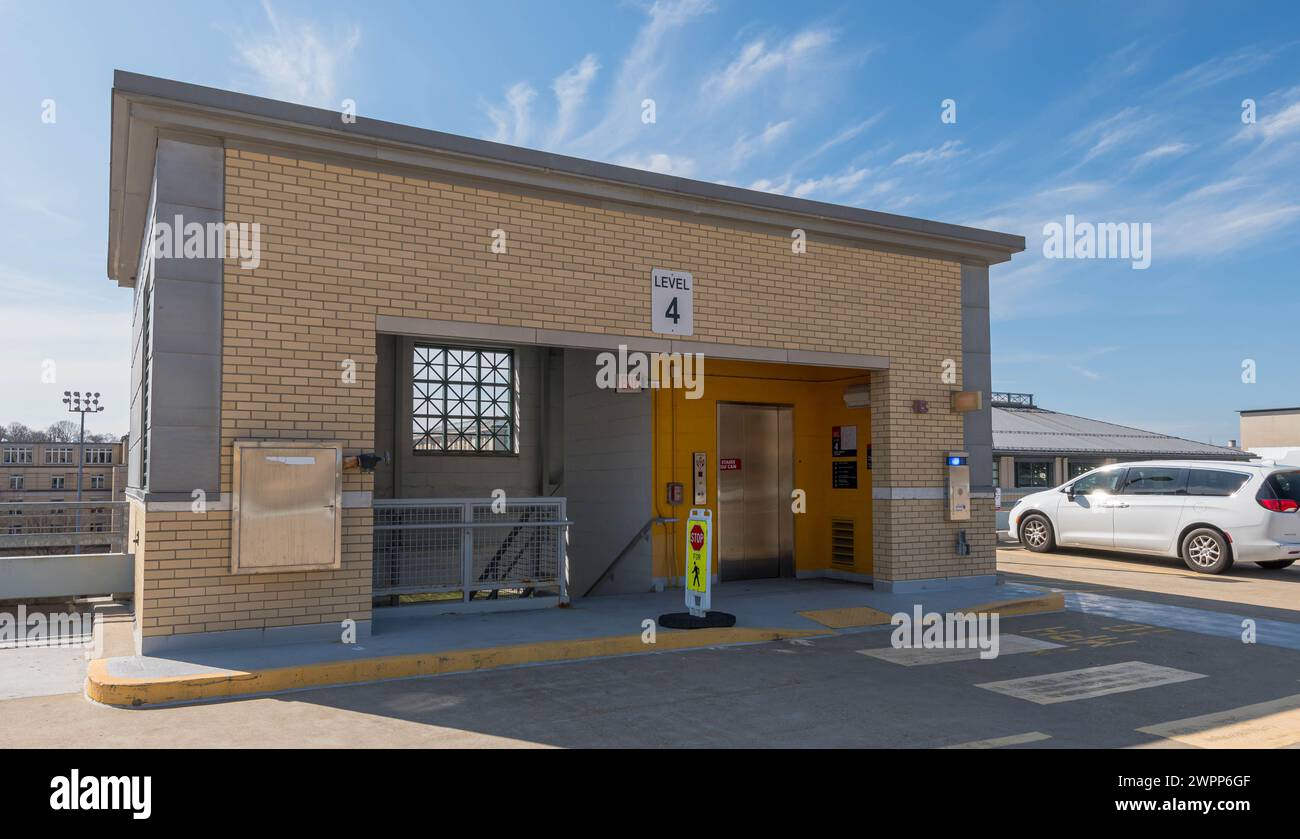 The elevator and stairwell on the top floor of the East Campus garage