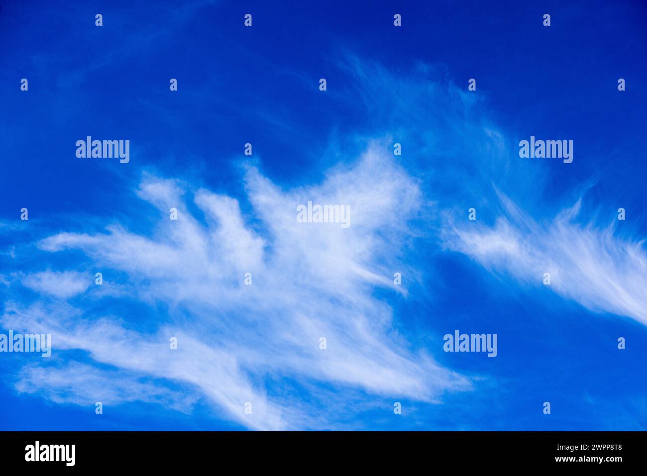 Cirrus clouds ruffled by the wind against a blue sky background, contrails of passing airplanes Stock Photo