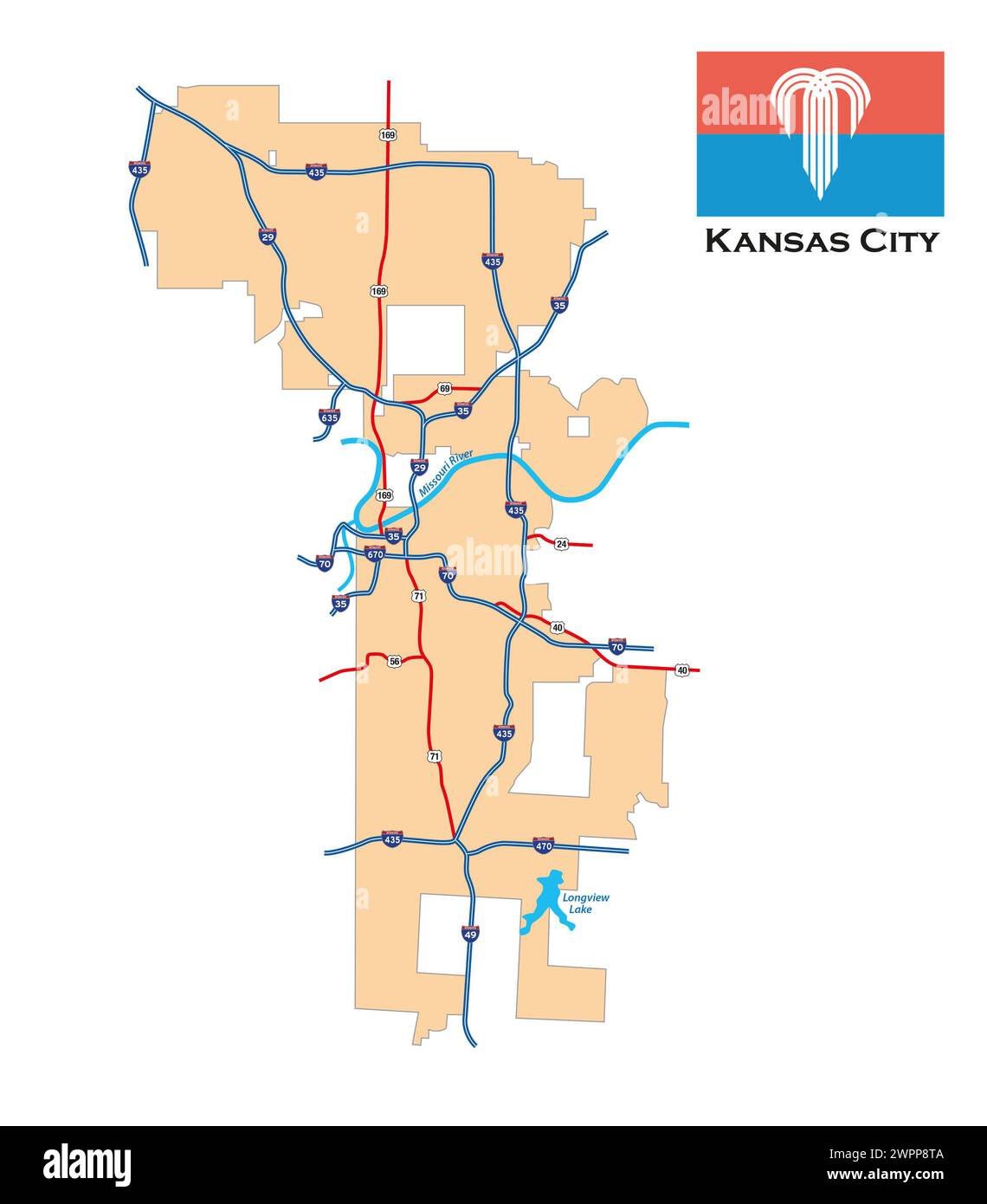 Simple city map of Kansas City, Missouri, USA Stock Photo