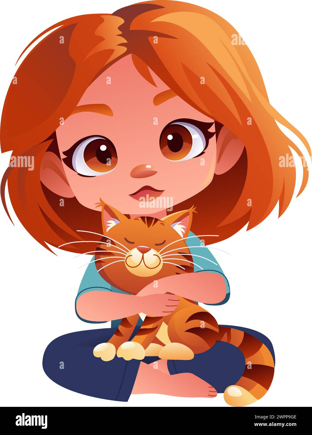 Cute sad girl kid hugging happy ginger tabby cat. Cartoon flat vector isolated illustration Stock Vector