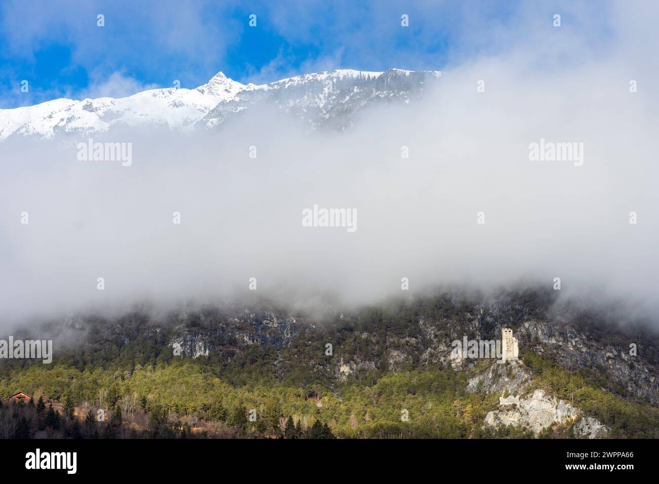 Landeck, Schrofenstein Castle, Rauher Kopf peak, lifting cloud in Tirol West, Tirol, Tyrol, Austria Stock Photo