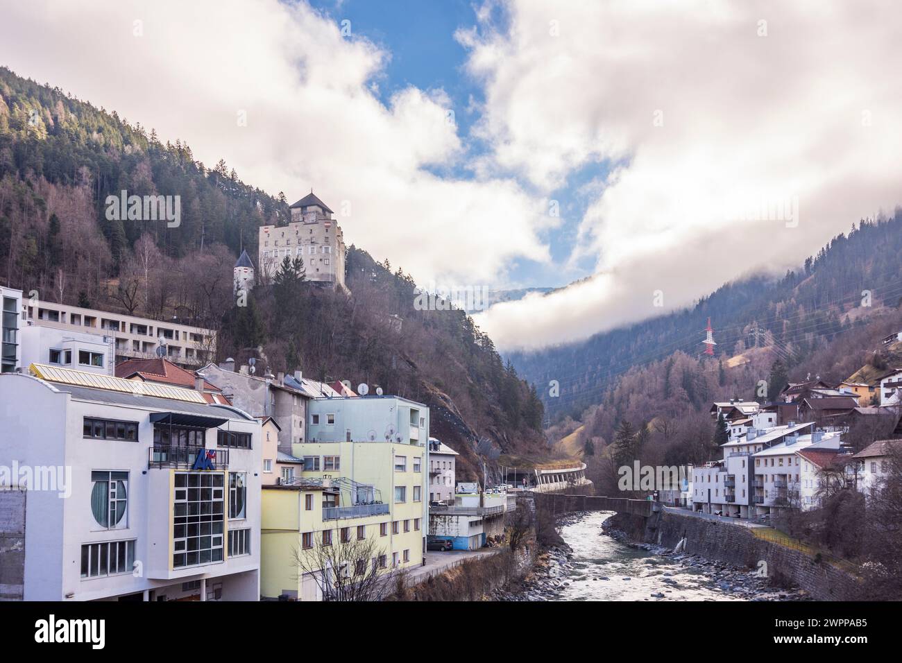Landeck, Schloss Landeck Castle, river Inn in Tirol West, Tirol, Tyrol, Austria Stock Photo