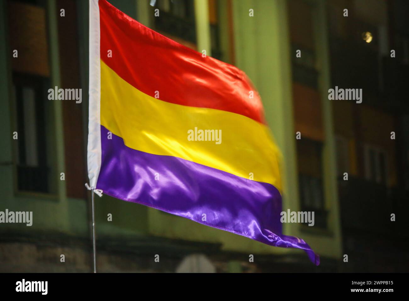 Sama, Spain, 08th March, 2024: The flag of Spain of the Republic during the Demonstration of the 8M Commission in Langreo for International Women's Day 2024, on March 08, 2024, in Sama, Spain. Credit: Alberto Brevers / Alamy Live News. Stock Photo