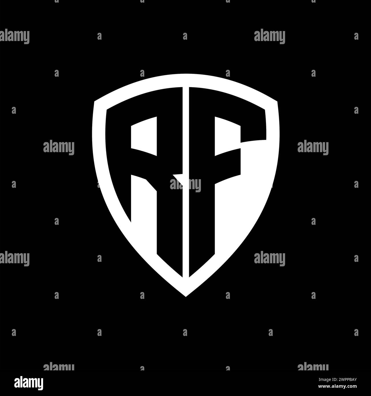 RF monogram logo with bold letters shield shape with black and white color design template Stock Photo