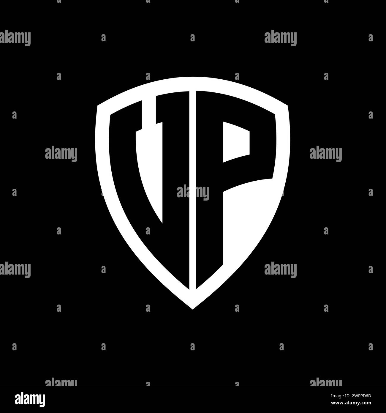 VP monogram logo with bold letters shield shape with black and white ...