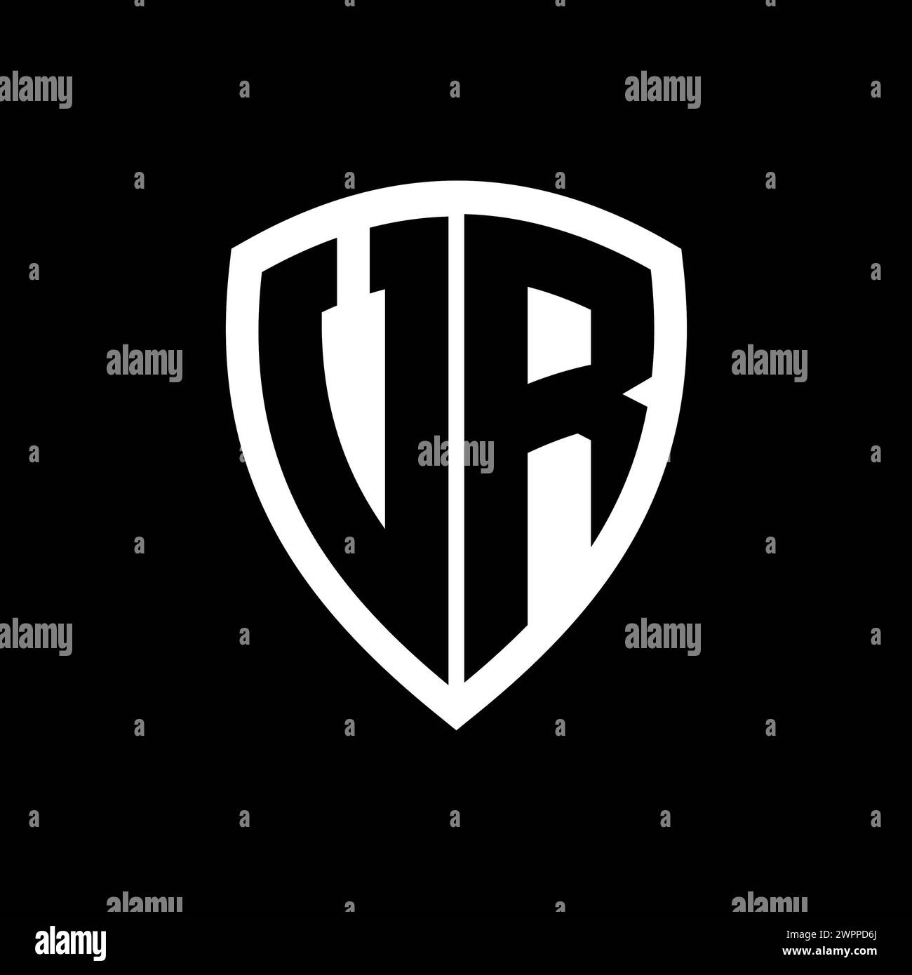 VR monogram logo with bold letters shield shape with black and white ...