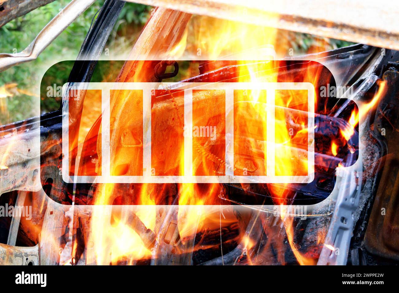 Battery fire, illustration of Li-Ion battery in front of totally burnt car Stock Photo