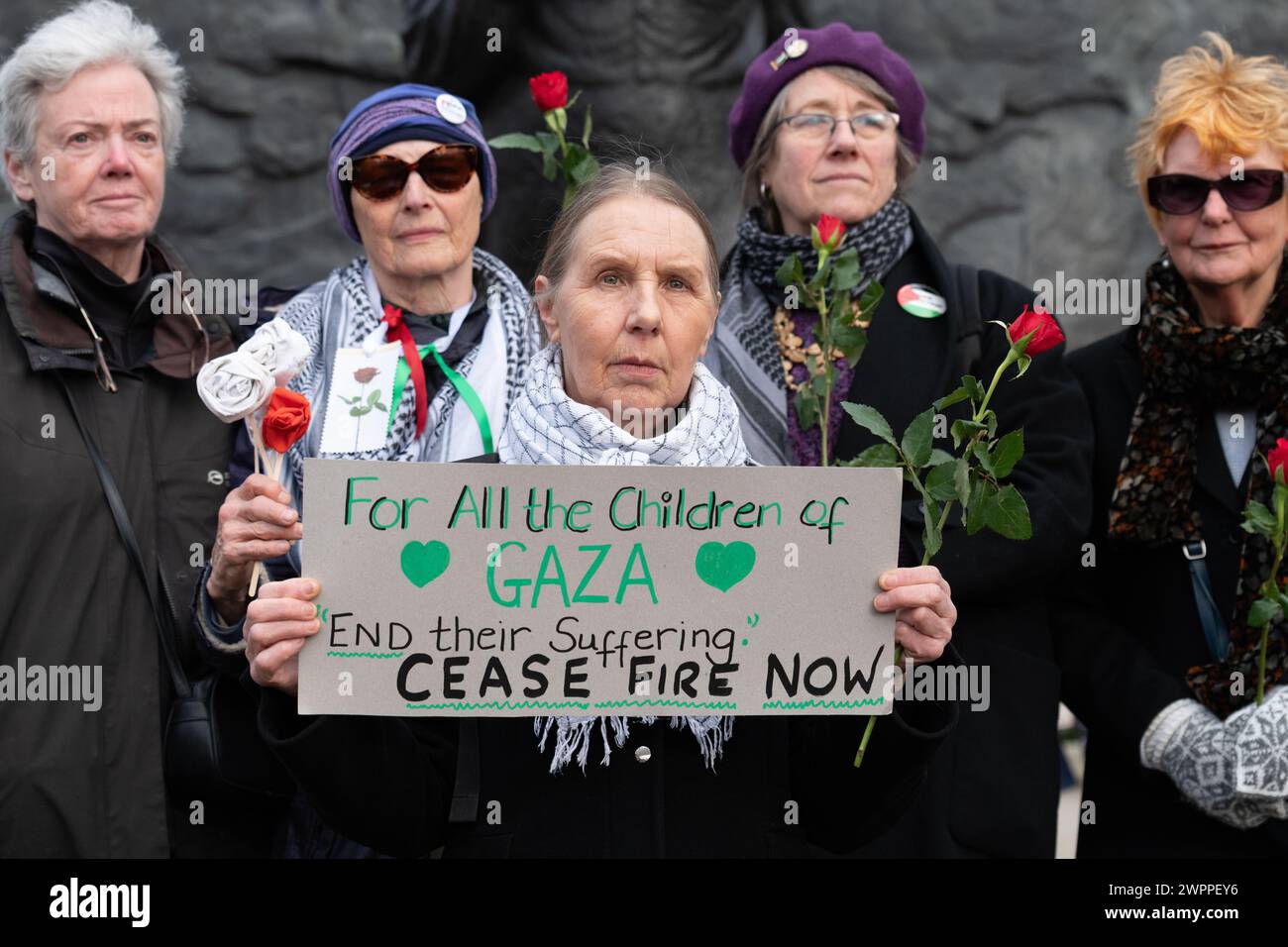 London, UK. 8 March, 2024. A coalition of women's groups mark International Women's Day by holding a Stand With The Women of Palestine rally in Westminster. Credit: Ron Fassbender/Alamy Live News Stock Photo