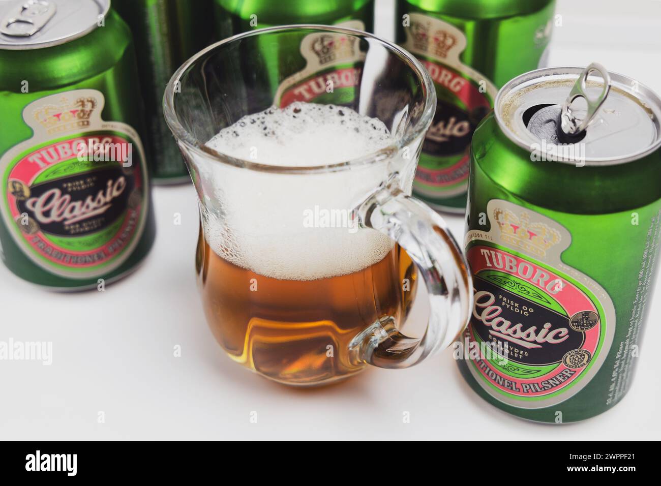 Danish beer in cans Tuborg Classic. The most popular beer. Stock Photo