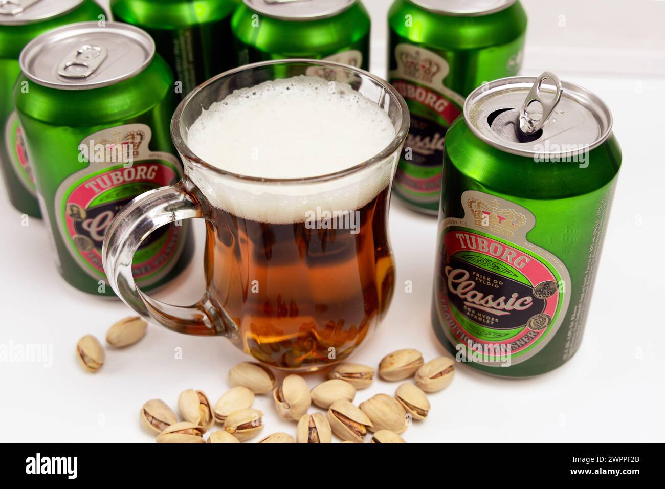 Danish beer in cans Tuborg Classic. The most popular beer. Stock Photo