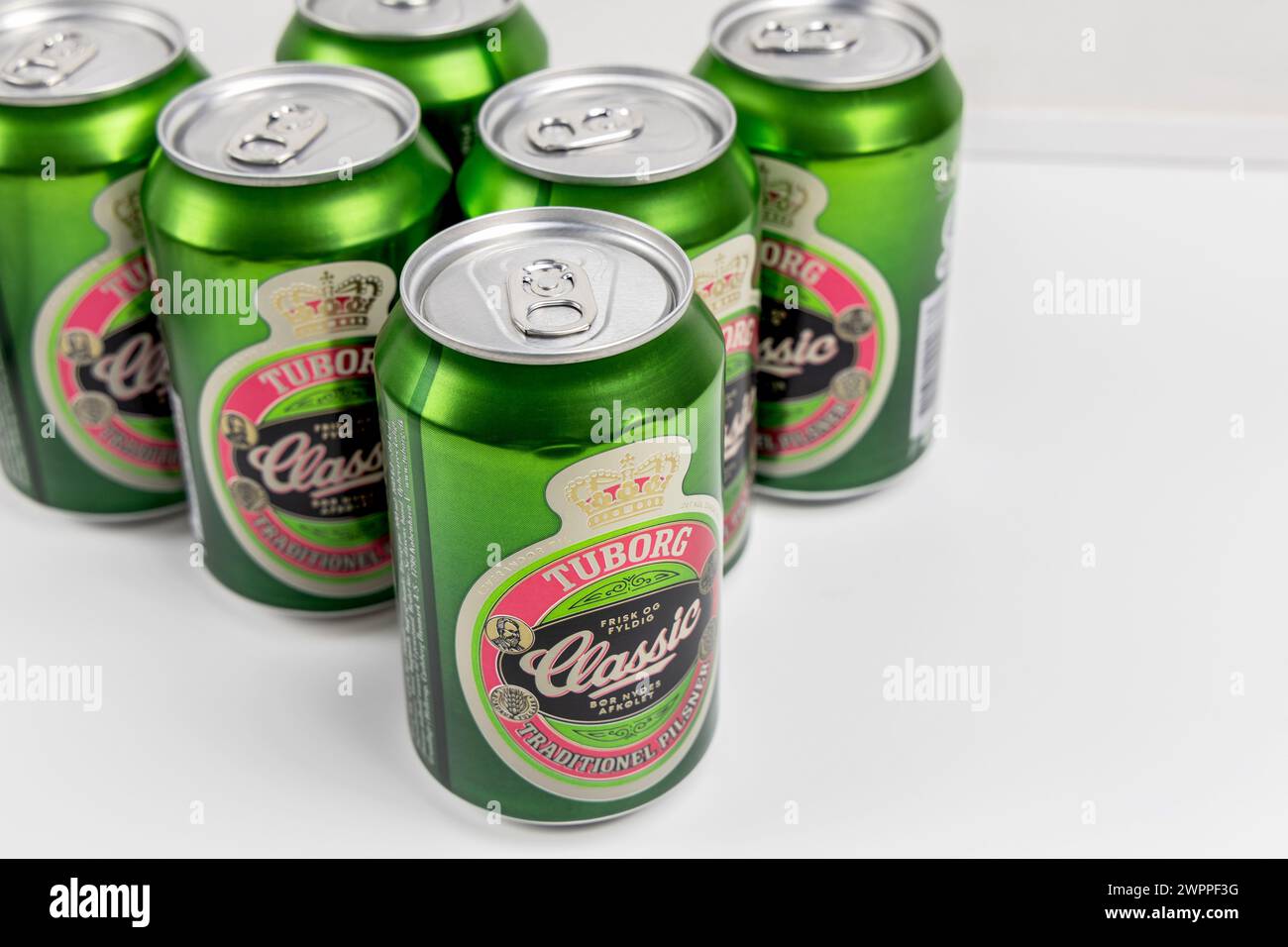 Danish beer in cans Tuborg Classic. The most popular beer. Stock Photo