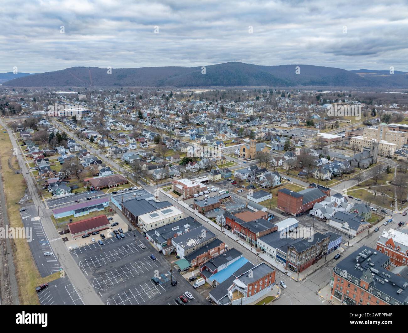 Sayre, PA, USA 03032024 Cloudy winter aerial image of the