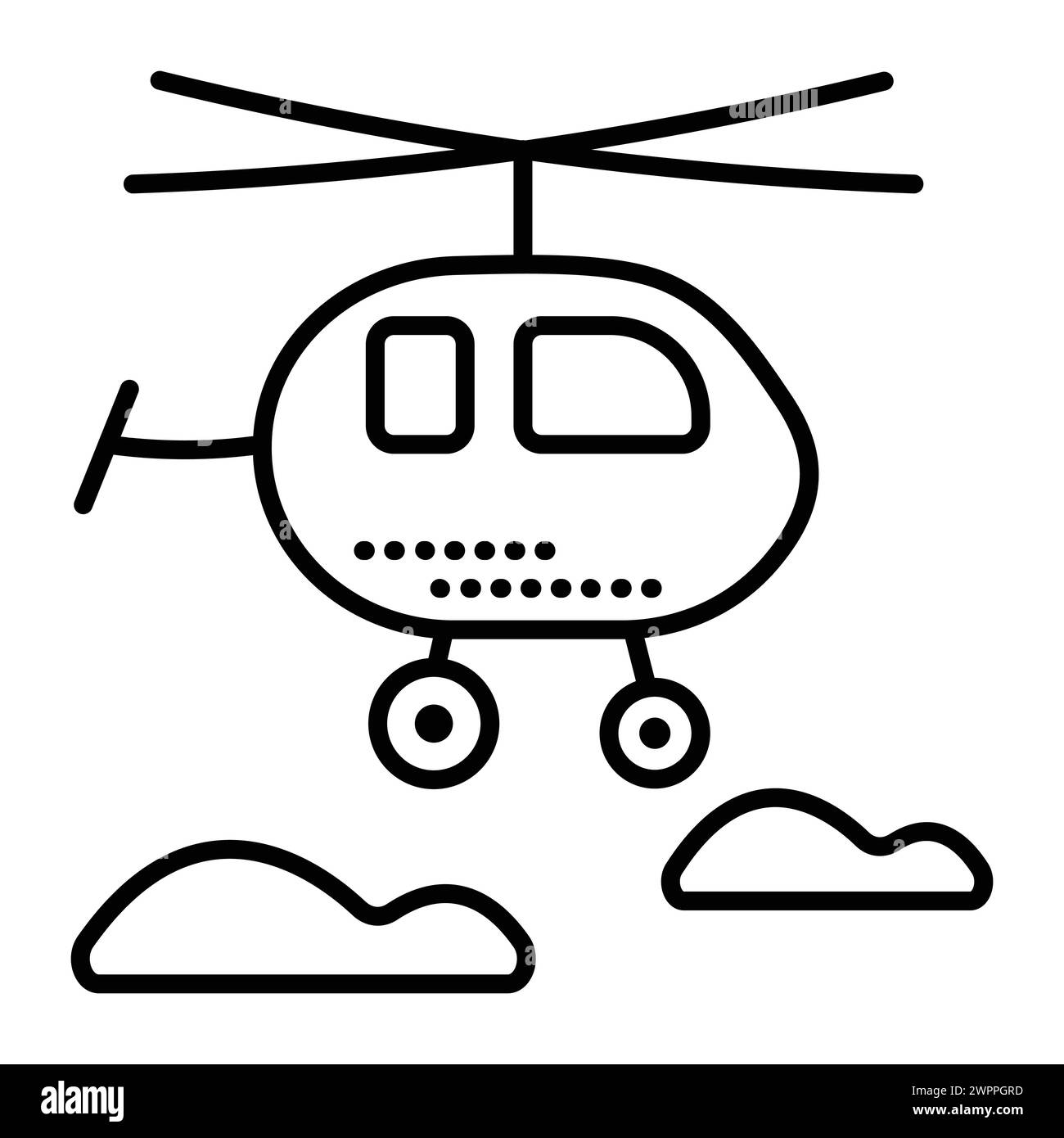 Single helicopter black line vector icon, clouds and copter pictogram, cute chopper in flight, minimal illustration Stock Vector