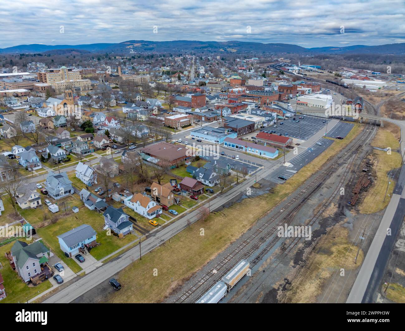 Sayre, PA, USA 03032024 Cloudy winter aerial image of the