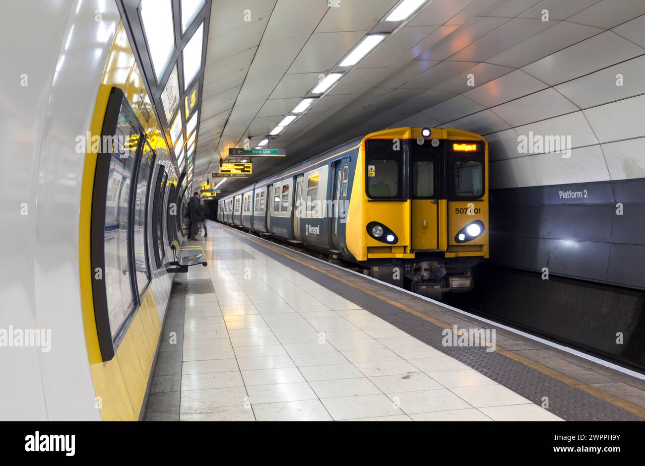 Merseyrail electrics retro blue and grey livery class 507 third rail electric train 507001 at Liverpool Moorfields underground station Liverpool, UK Stock Photo