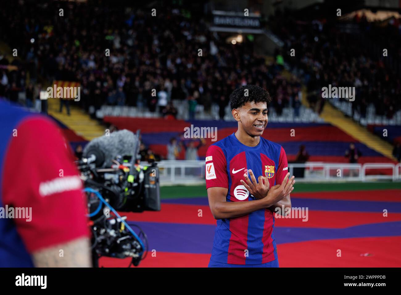 Barcelona, Spain. 8th Mar, 2024. Lamine Yamal celebrates after scoring a goal during the LaLiga EA Sports match between FC Barcelona and RCD Mallorca at the Estadi Olimpic Lluis Companys in Barcelona, Spain. Credit: Christian Bertrand/Alamy Live News Stock Photo