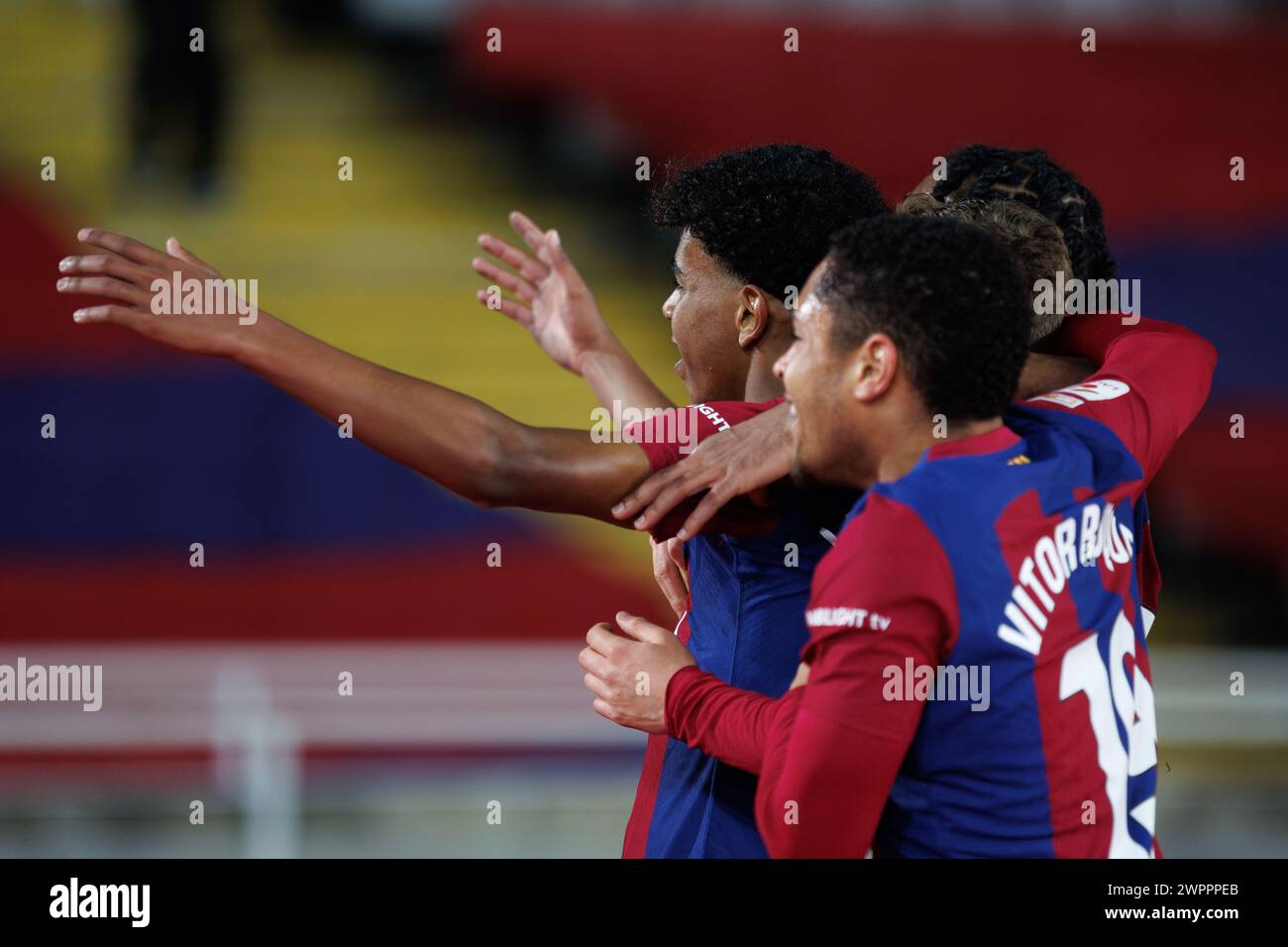 Barcelona, Spain. 8th Mar, 2024. Lamine Yamal celebrates after scoring a goal during the LaLiga EA Sports match between FC Barcelona and RCD Mallorca at the Estadi Olimpic Lluis Companys in Barcelona, Spain. Credit: Christian Bertrand/Alamy Live News Stock Photo