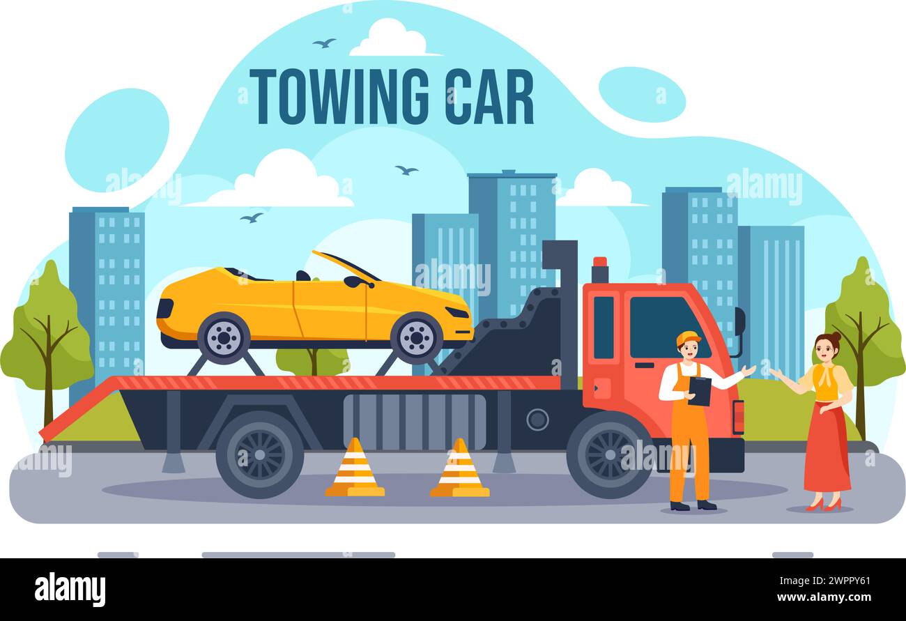 Auto Towing Car Vector Illustration Using a Truck with Roadside ...