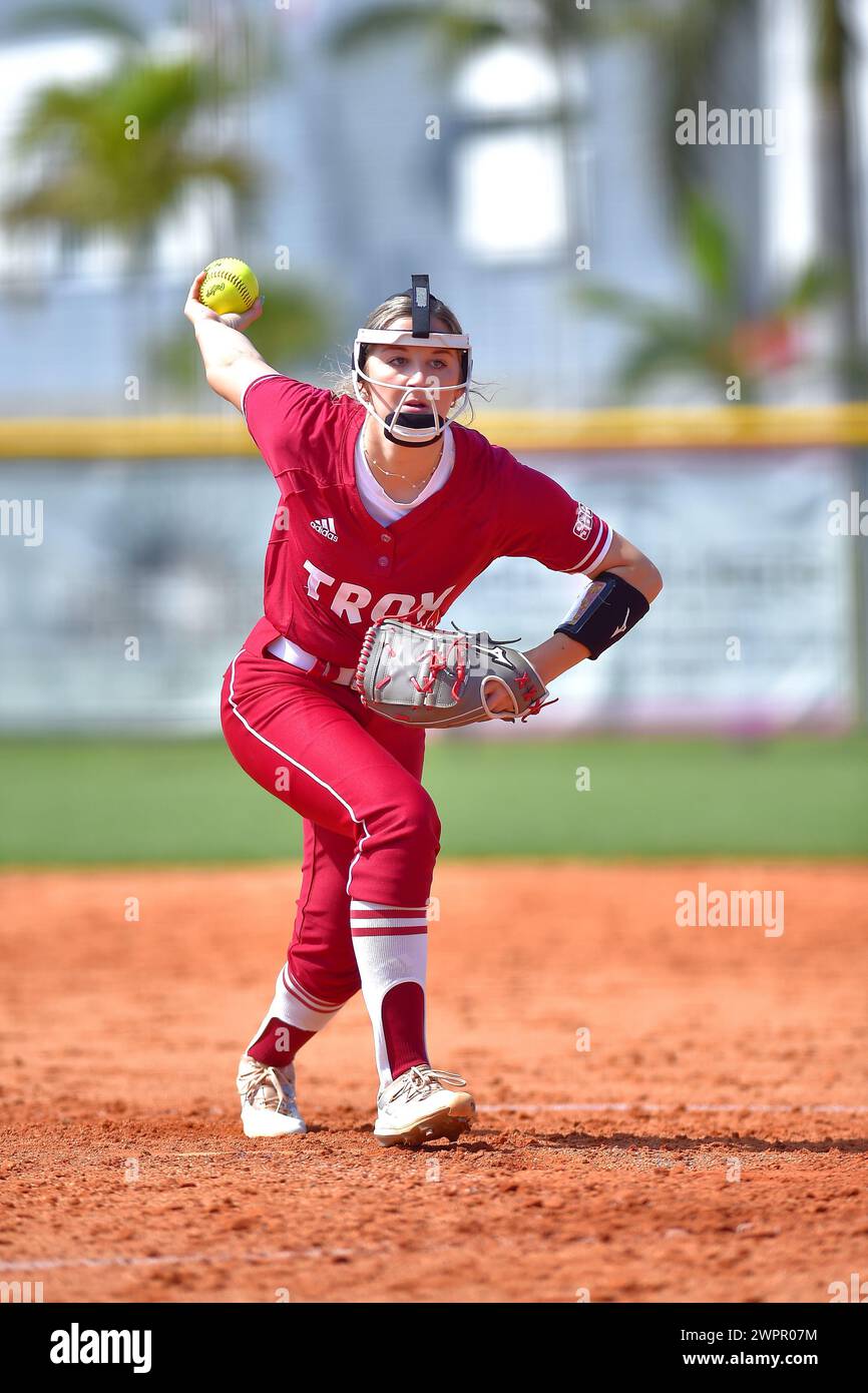 Troy University pitcher, Savannah Money (13), fires at batters during ...