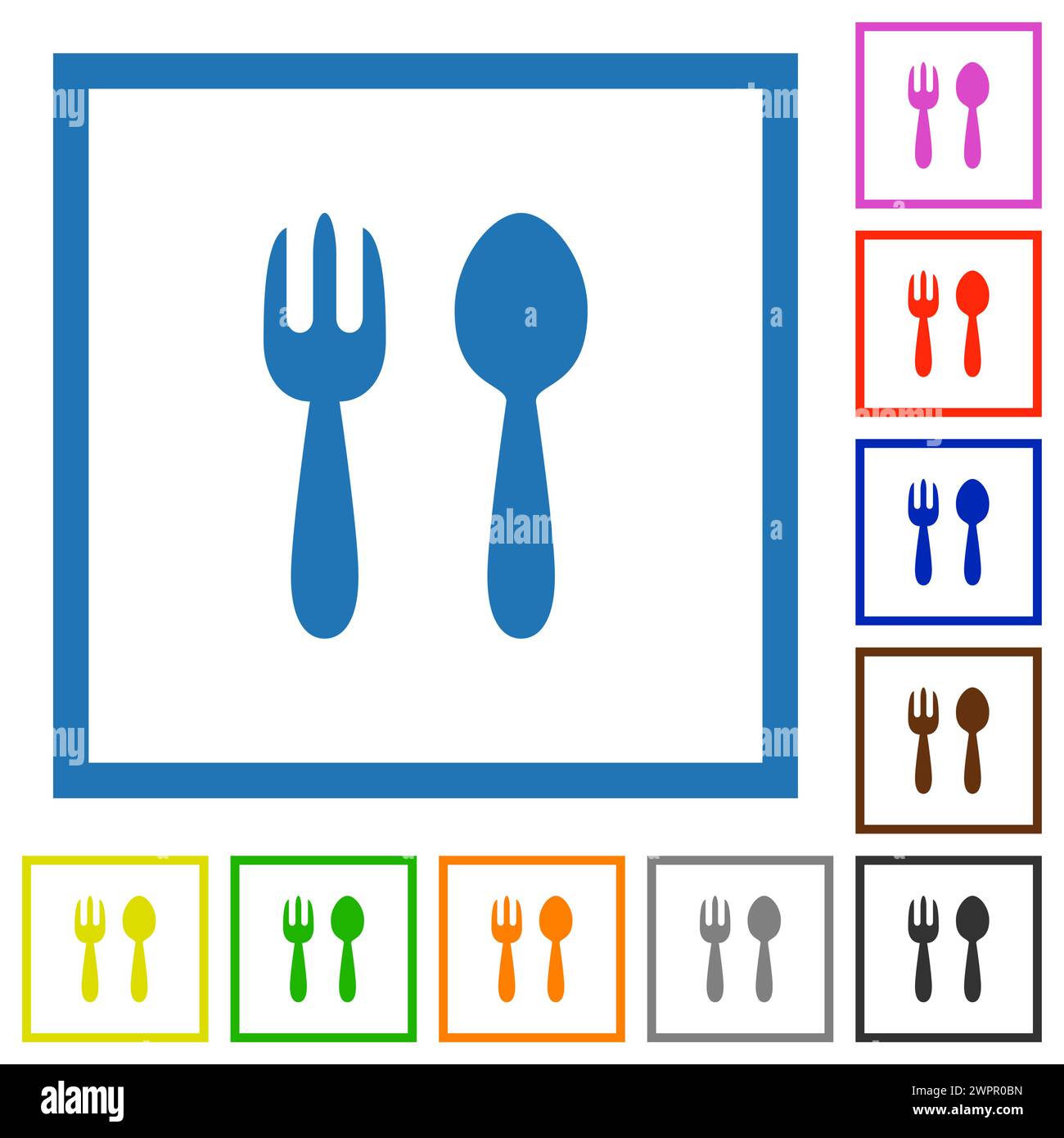 Fork and spoon solid flat color icons in square frames on white background Stock Vector