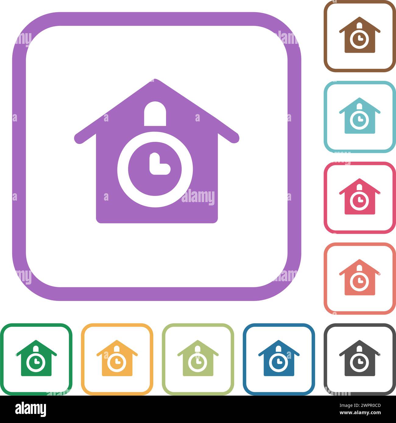 Cuckoo clock solid simple icons in color rounded square frames on white background Stock Vector
