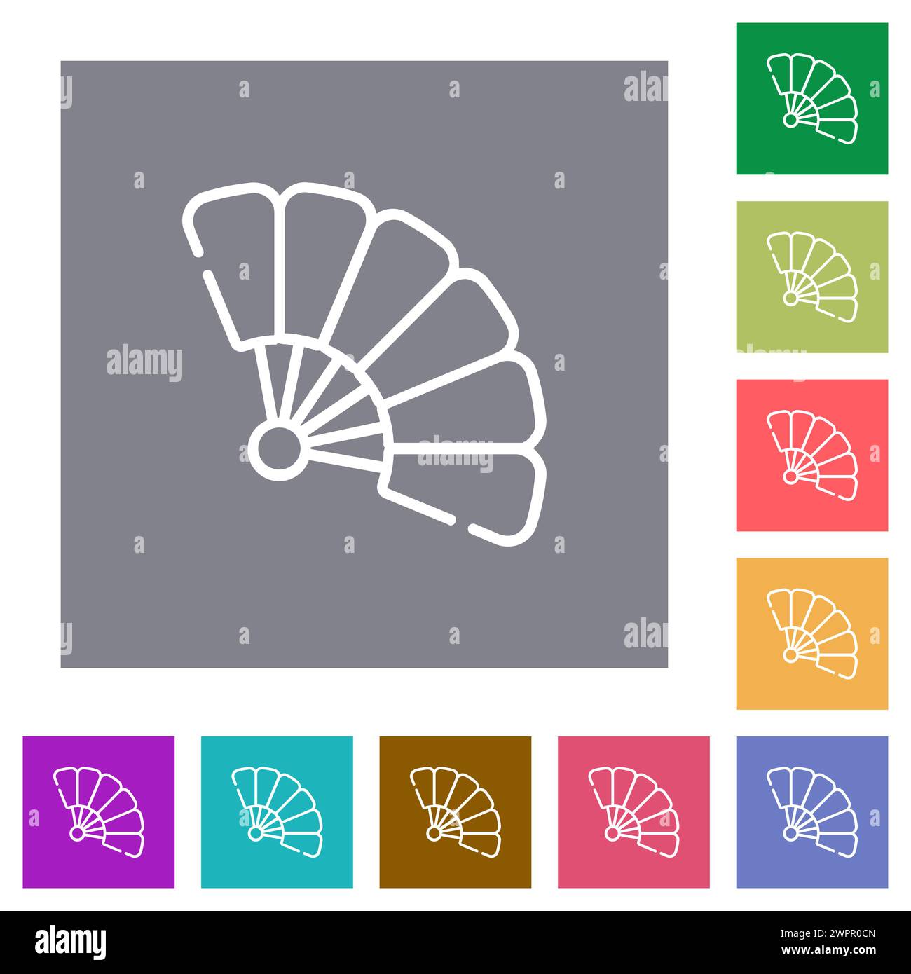 Folding hand fan outline flat icons on simple color square backgrounds