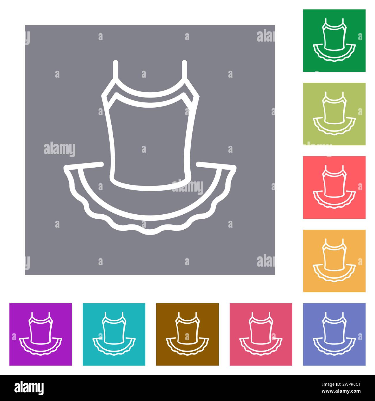 Ballet dress outline flat icons on simple color square backgrounds Stock Vector
