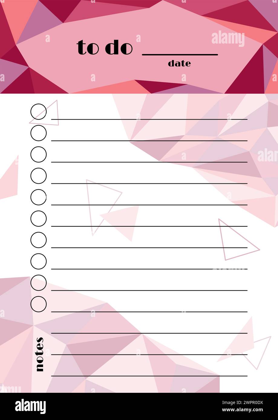 To do list template. Vector daily planner page. Polygonal geometric design background with colorful triangle elements. A5 size design for notebooks Stock Vector