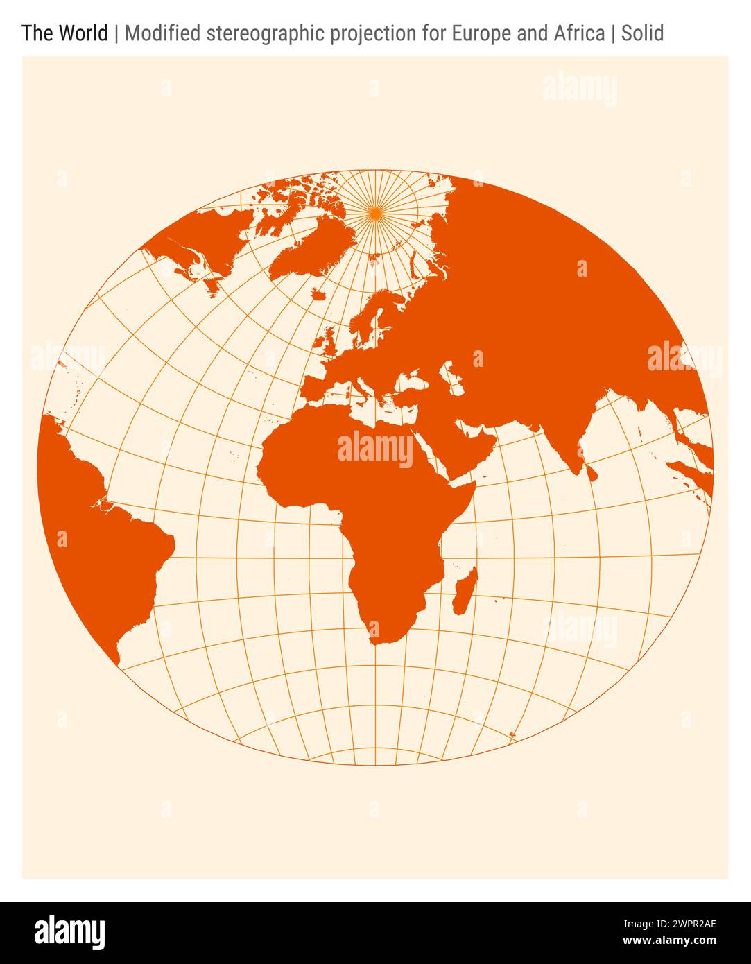 World Map. Modified stereographic projection for Europe and Africa. Solid style. Stock Vector