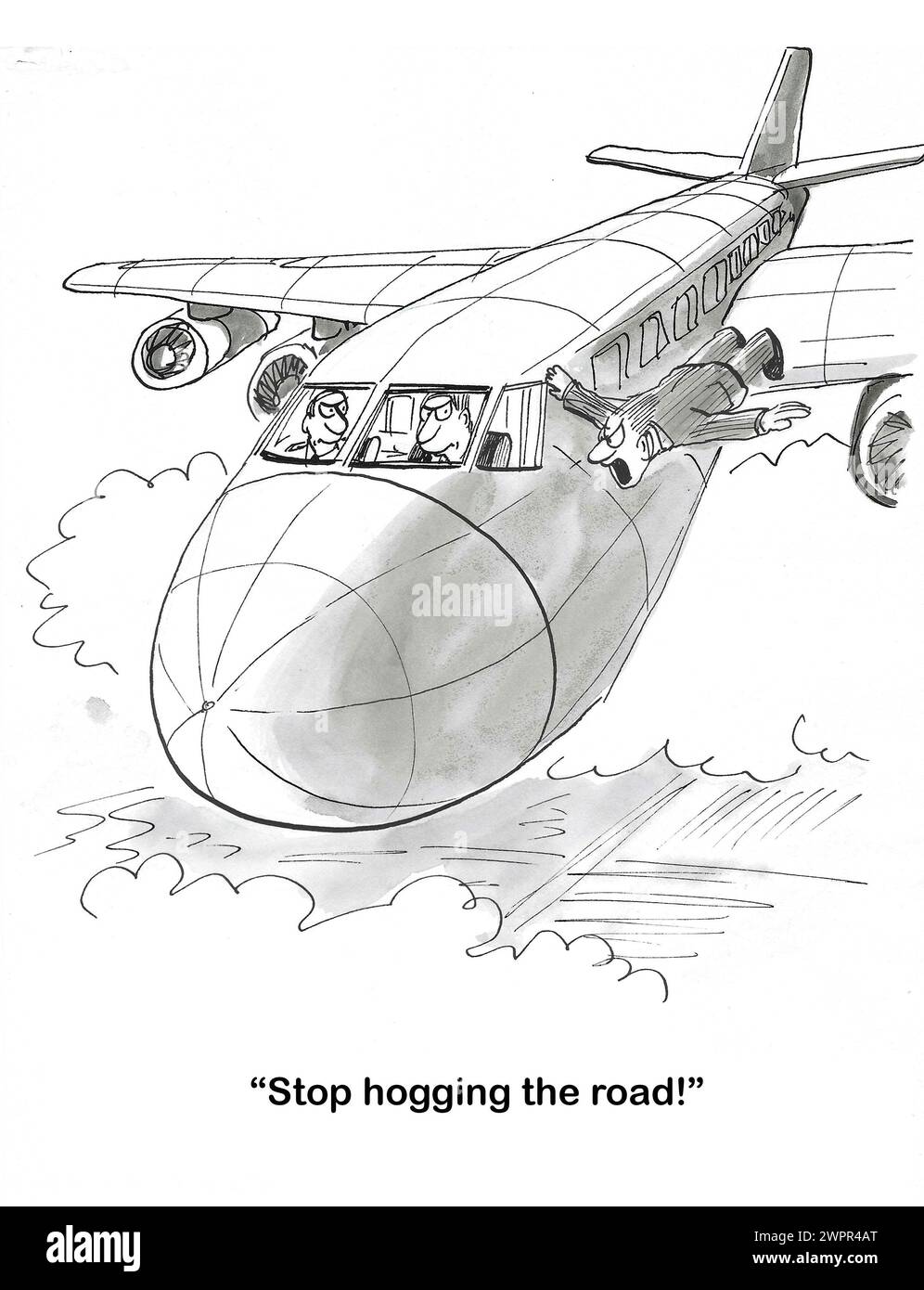 BW cartoon of a flying man upset with the airplane taking up too much air space. Stock Photo