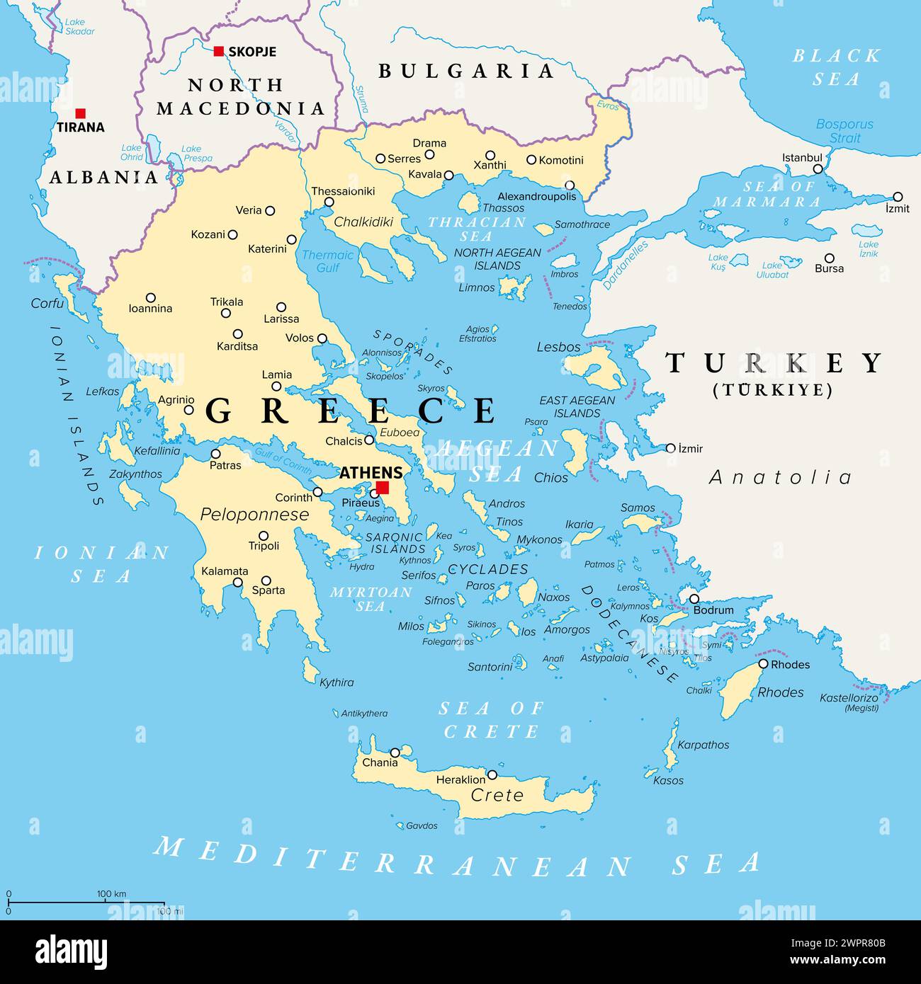 Greece, the Hellenic Republic, political map. Country in Southeast Europe on the southern tip of the Balkan peninsula, with capital Athens. Stock Photo