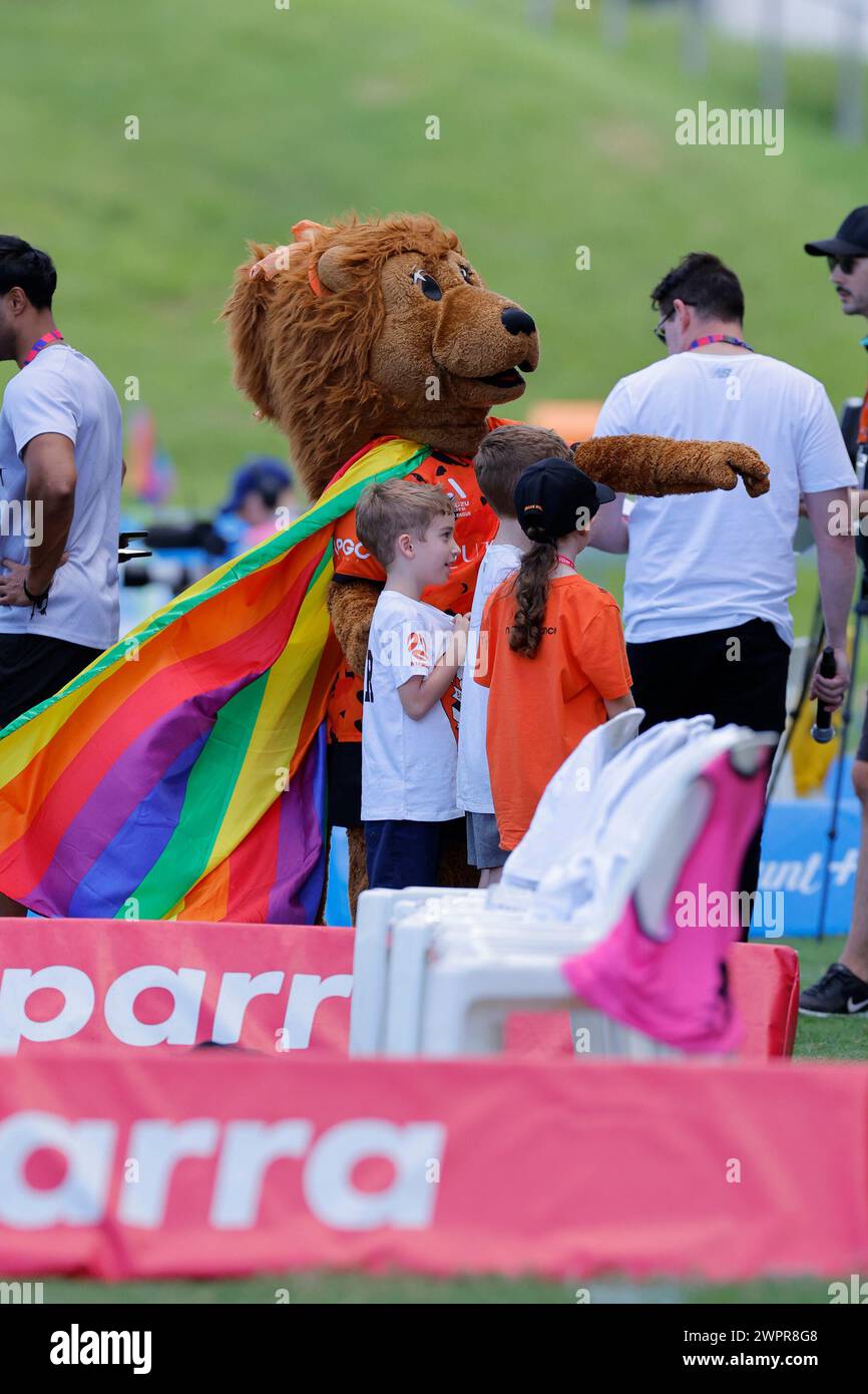 Brisbane, Australia, March 9th 2024: Brisbane club mascot joins in with the The Australian Professional Leagues (APL) continuation of its Pride Celebrations during the Liberty A League match between Brisbane Roar v Central Coast Mariners FC at the Ballymore Stadium (Promediapix/SPP) Credit: SPP Sport Press Photo. /Alamy Live News Stock Photo