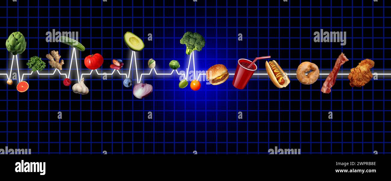 Food ECG Concept as a normal healthy EKG or flatline heart rate rythm as a cardiac disorder monitoring due to diet choices. Stock Photo