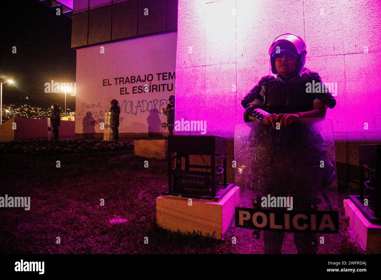 Monterrey, Mexico. 08th Mar, 2024. Mexico's riot police officers guard the demonstration during the international women's day demonstrations in, Monterrey, Mexico on March 8, 2024. Photo by: Paola Santoy/Long Visual Press Credit: Long Visual Press/Alamy Live News Stock Photo